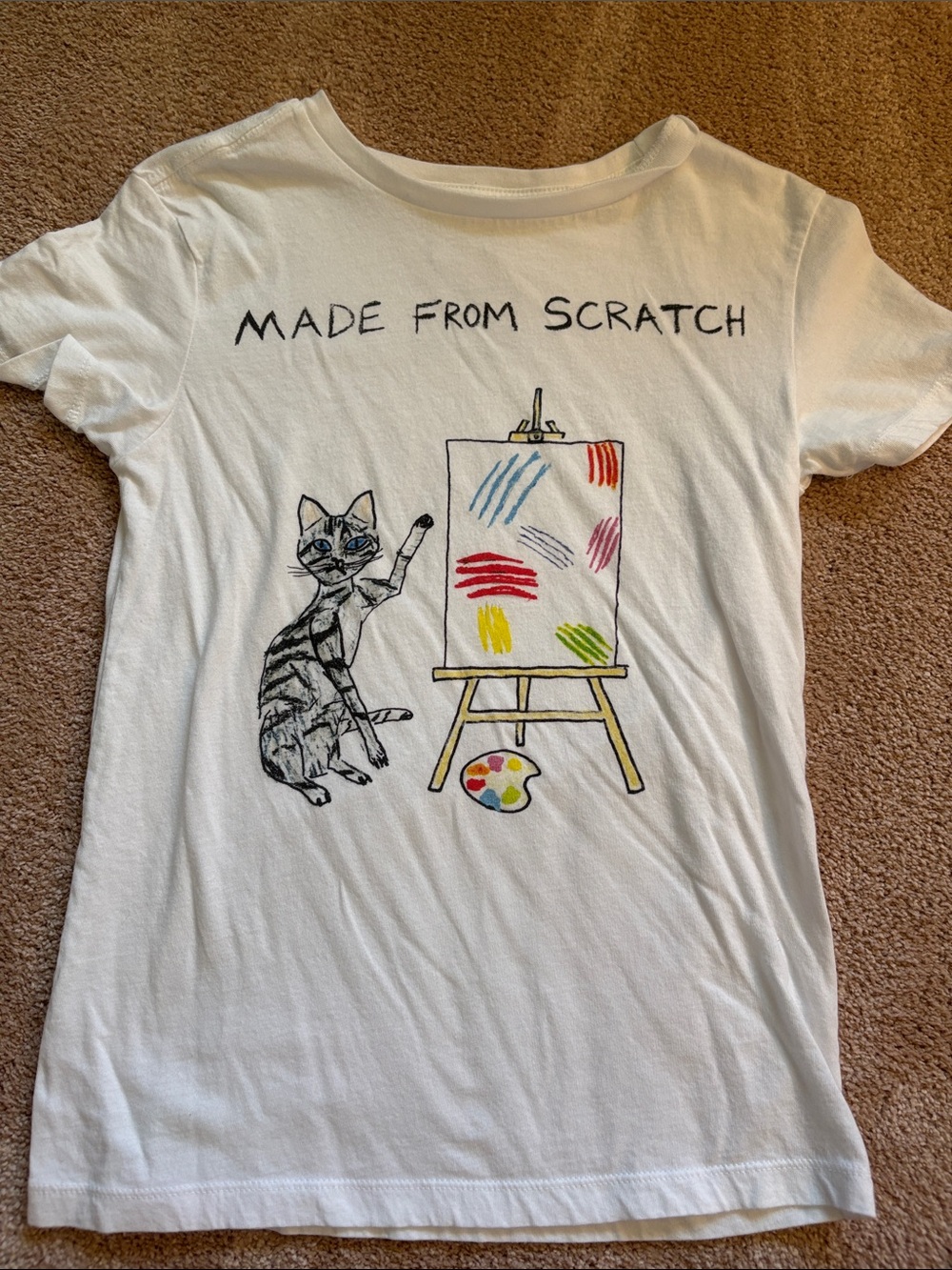 White 'Made From Scratch' Cat Art Graphic Tee